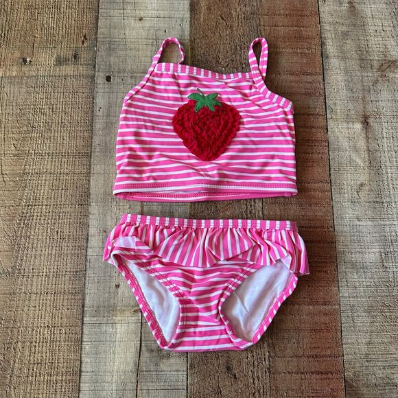 Pink & White Striped Baby Bikini Swimsuit 6-12M Strawberry Applique By Crazy 8 - Picture 1 of 5